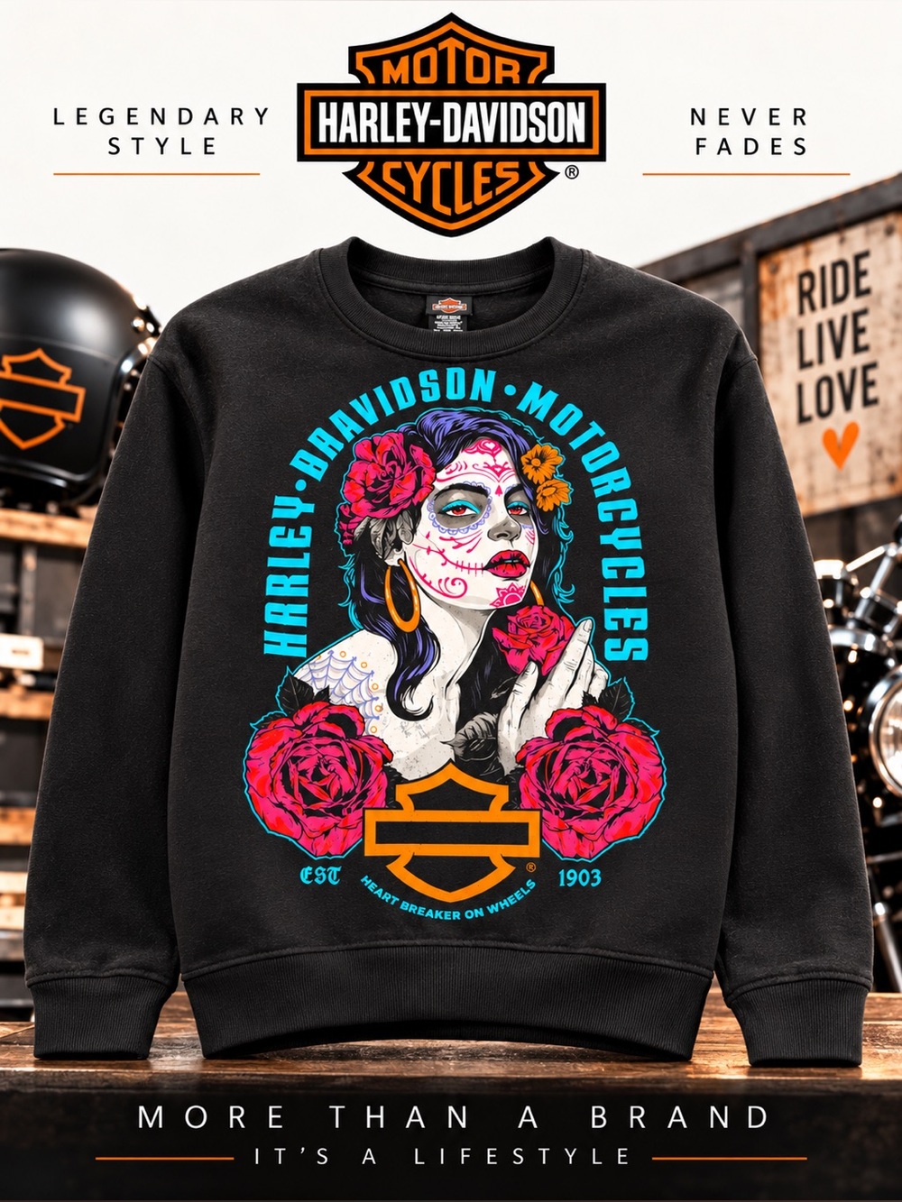 Harley-Davidson Black sweatshirt with Colorful Skull Rose Graphic